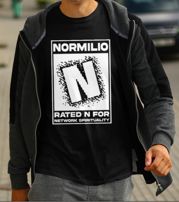 Normilio Rated N For Network Spirituality Bold Text Box With Speckled Explosion Background T-Shirt