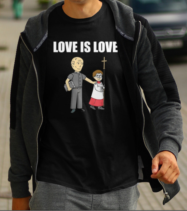 Love Is Love Priest With Cartoon Clergyman And Child Holding Cross T-Shirt