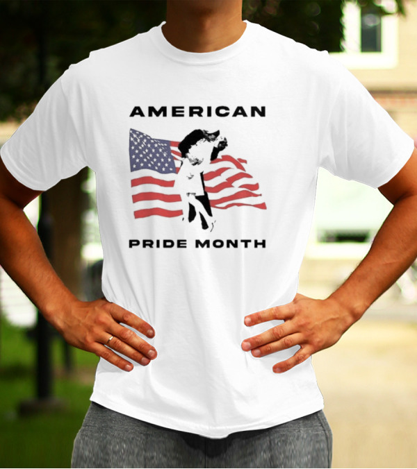 American Pride Month Celebration With Patriotic Flag And Couple Hugging T-Shirt