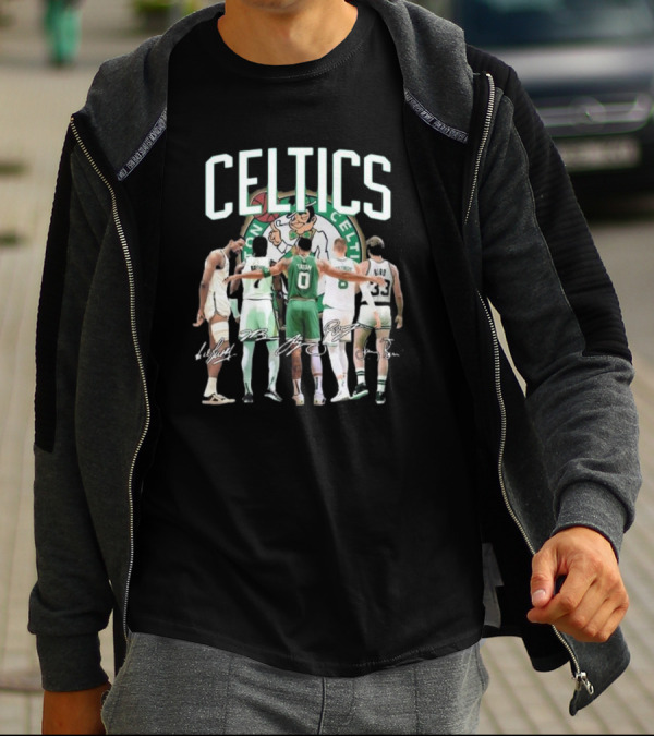 Celtics Jaylen Brown Jayson Tatum K. Porziņģis Larry Bird Signatures NBA Basketball Legends T-Shirt