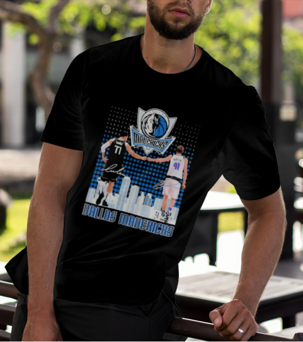 Dallas Mavericks Luka Doncic Dirk Nowitzki Handshake Signatures Skyline T-Shirt