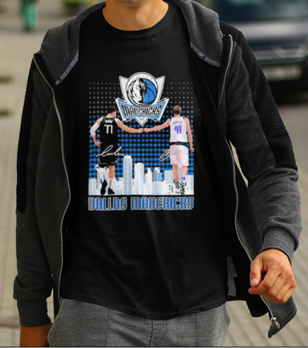 Dallas Mavericks Luka Doncic Dirk Nowitzki Handshake Signatures Skyline T-Shirt