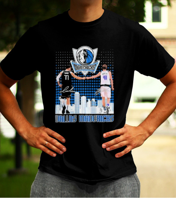 Dallas Mavericks Luka Doncic Dirk Nowitzki Handshake Signatures Skyline T-Shirt