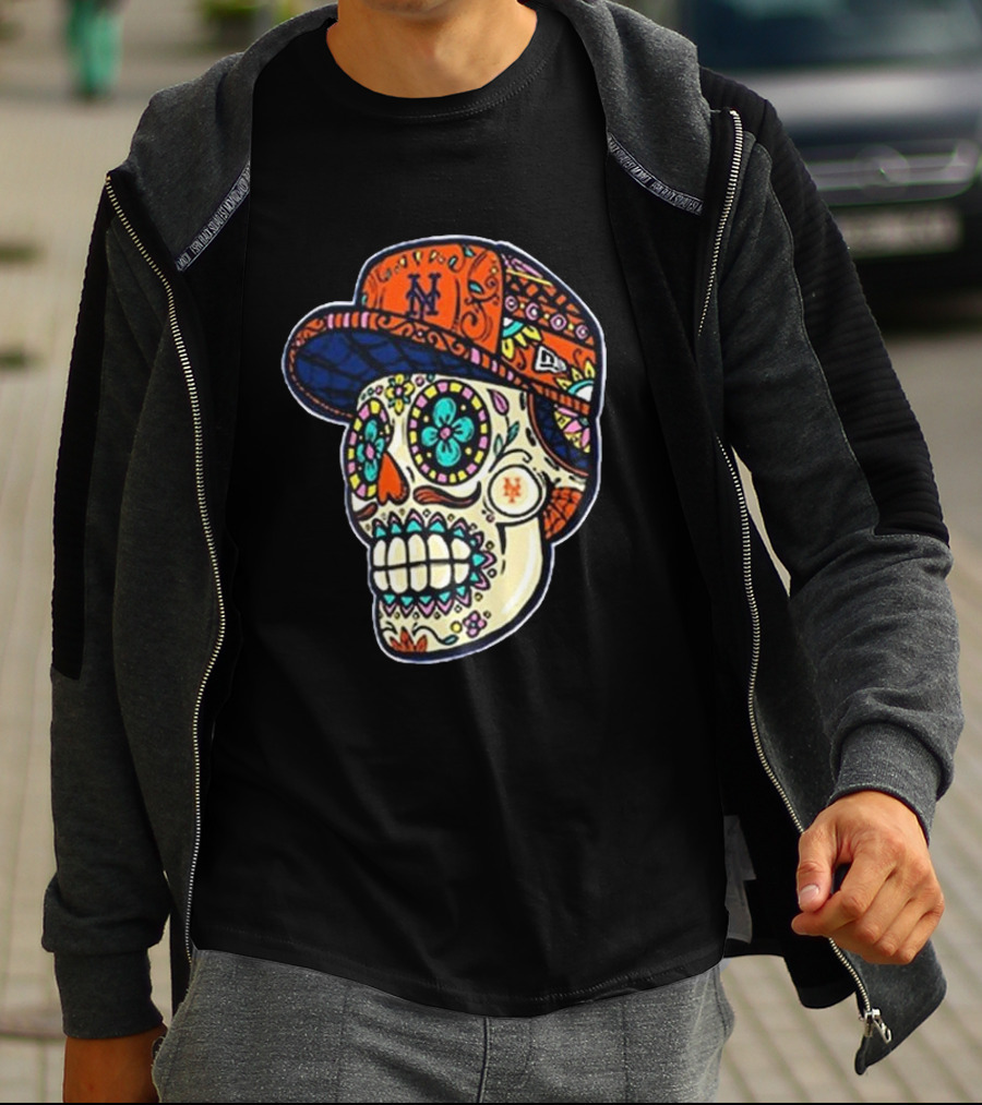 New York Mets New Era Black Sugar Skull Cap T-Shirt