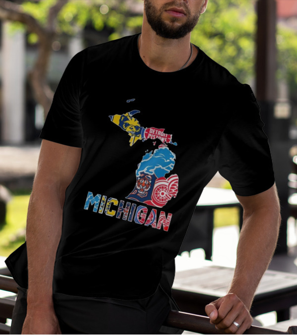 Michigan Lions Wolverines Tigers Pistons Red Wings Map T-Shirt