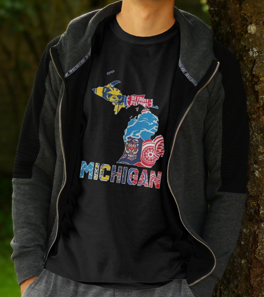 Michigan Lions Wolverines Tigers Pistons Red Wings Map T-Shirt