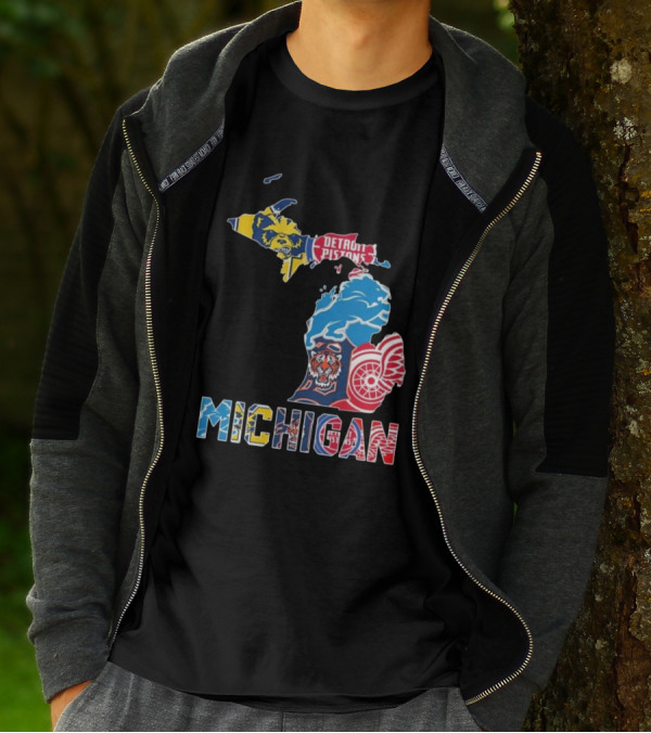 Michigan Lions Wolverines Tigers Pistons Red Wings Map T-Shirt