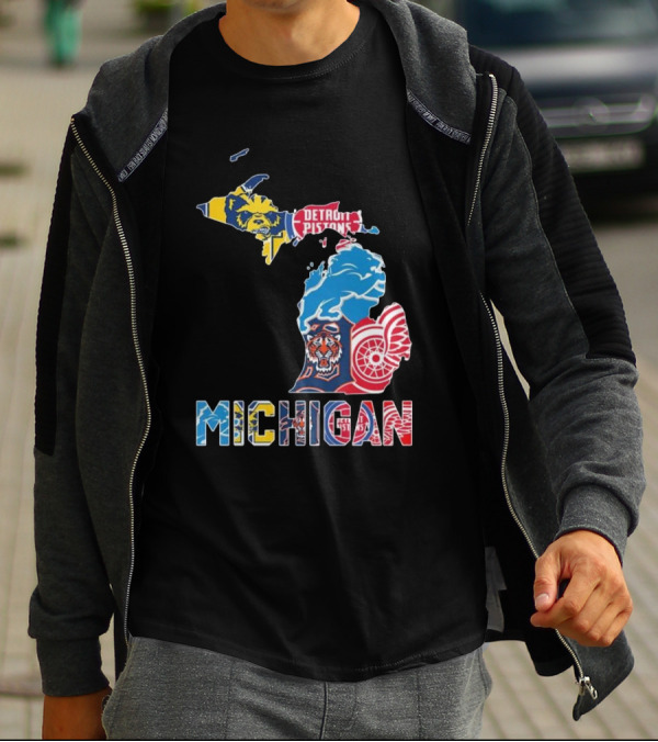 Michigan Lions Wolverines Tigers Pistons Red Wings Map T-Shirt