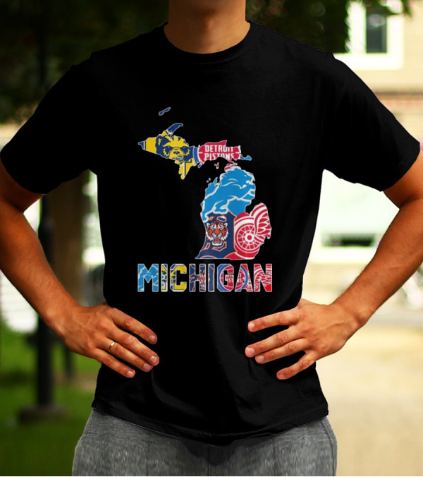 Michigan Lions Wolverines Tigers Pistons Red Wings Map T-Shirt