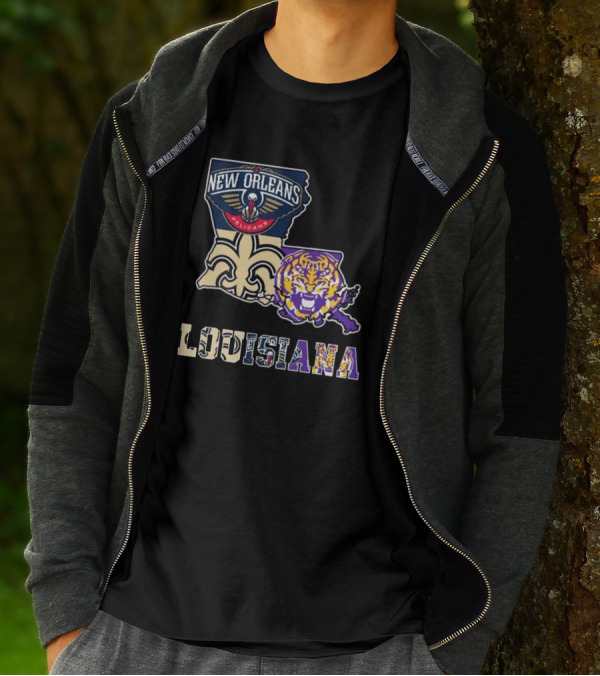 New Orleans Pelicans Tigers Saints Louisiana Map T-Shirt