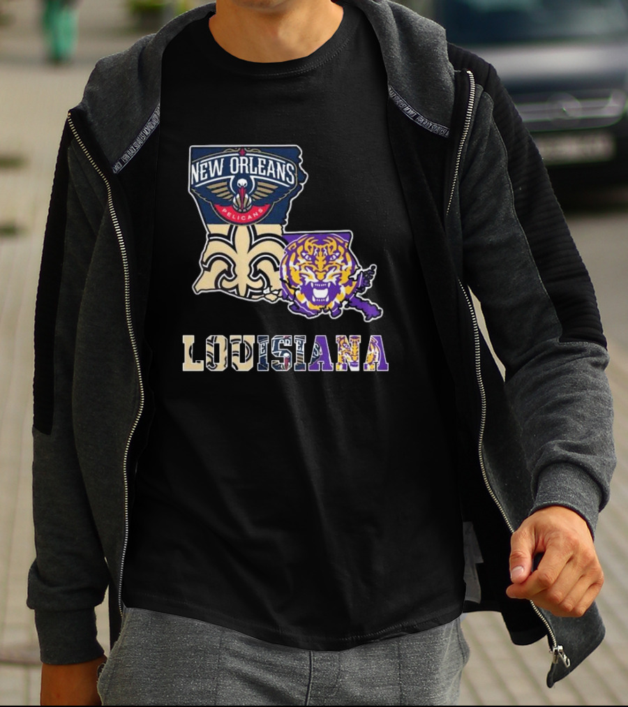 New Orleans Pelicans Tigers Saints Louisiana Map T-Shirt