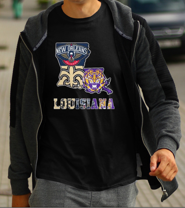 New Orleans Pelicans Tigers Saints Louisiana Map T-Shirt