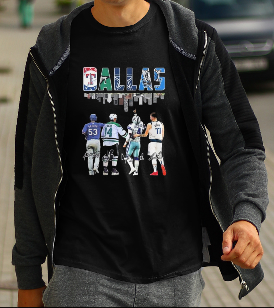 Texas Rangers Garcia Dallas Stars Benn Dallas Cowboys Prescott Dallas Mavericks Doncic Signatures Skyline T-Shirt