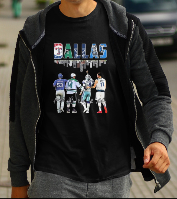 Texas Rangers Garcia Dallas Stars Benn Dallas Cowboys Prescott Dallas Mavericks Doncic Signatures Skyline T-Shirt