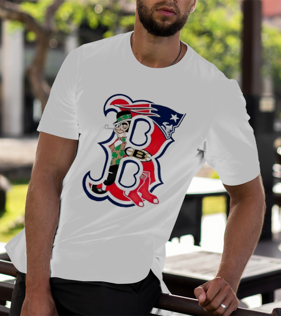 Boston Red Sox B Mashup With Patriots Bruins Celtics Symbols T-Shirt