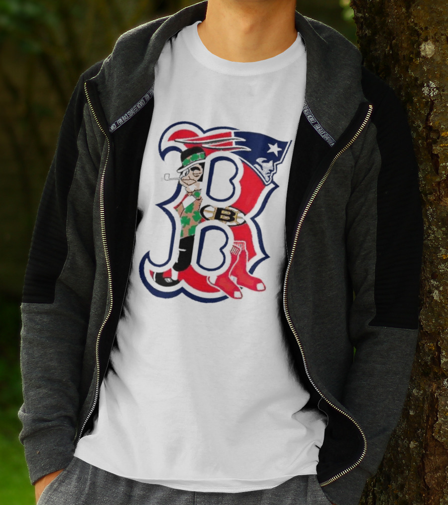 Boston Red Sox B Mashup With Patriots Bruins Celtics Symbols T-Shirt