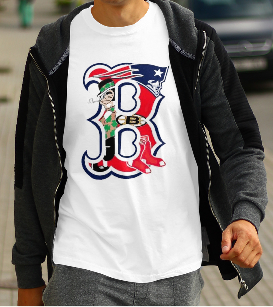 Boston Red Sox B Mashup With Patriots Bruins Celtics Symbols T-Shirt