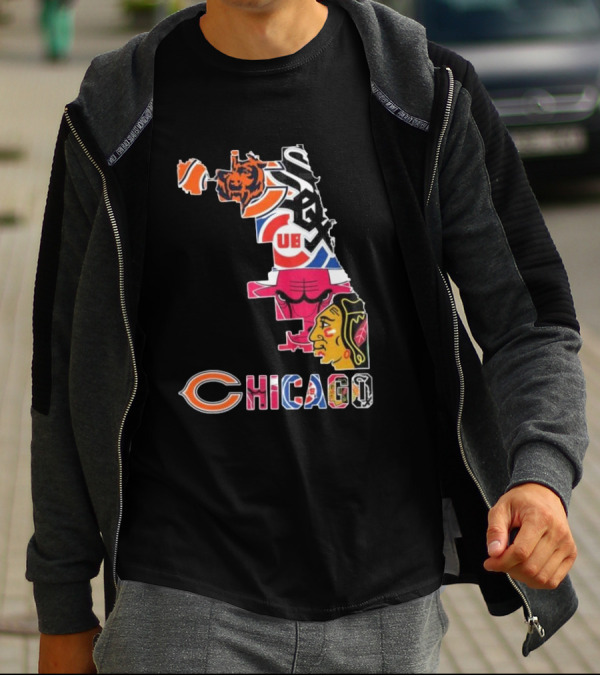 Chicago Cubs White Sox Bulls Bears Blackhawks Maps T-Shirt