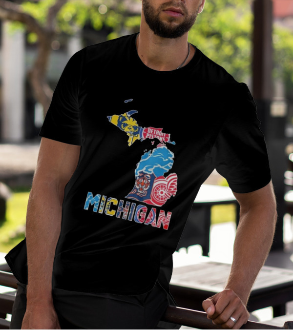 Michigan Wolverines Detroit Tigers Lions Pistons Red Wings Map T-Shirt