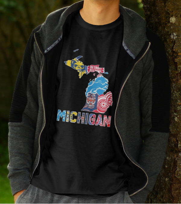 Michigan Wolverines Detroit Tigers Lions Pistons Red Wings Map T-Shirt