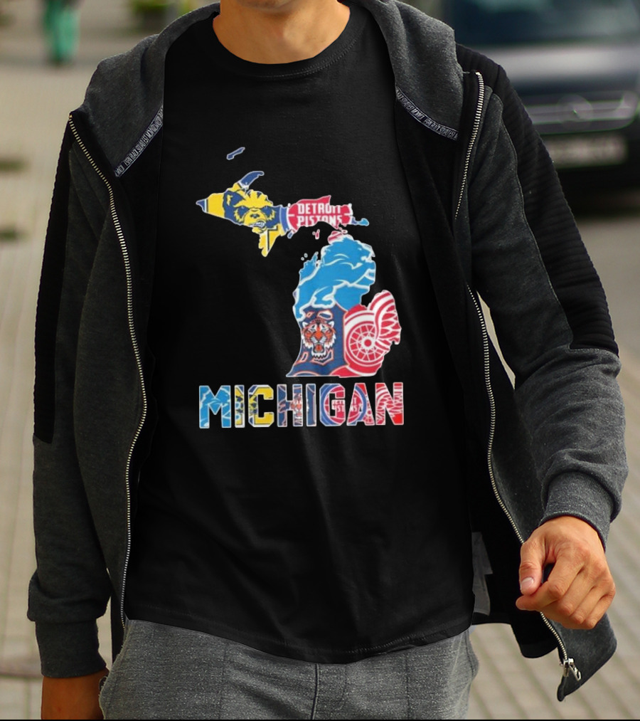 Michigan Wolverines Detroit Tigers Lions Pistons Red Wings Map T-Shirt