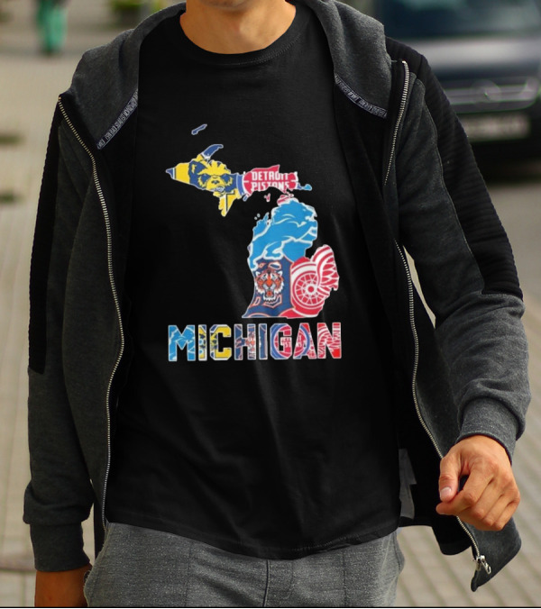 Michigan Wolverines Detroit Tigers Lions Pistons Red Wings Map T-Shirt