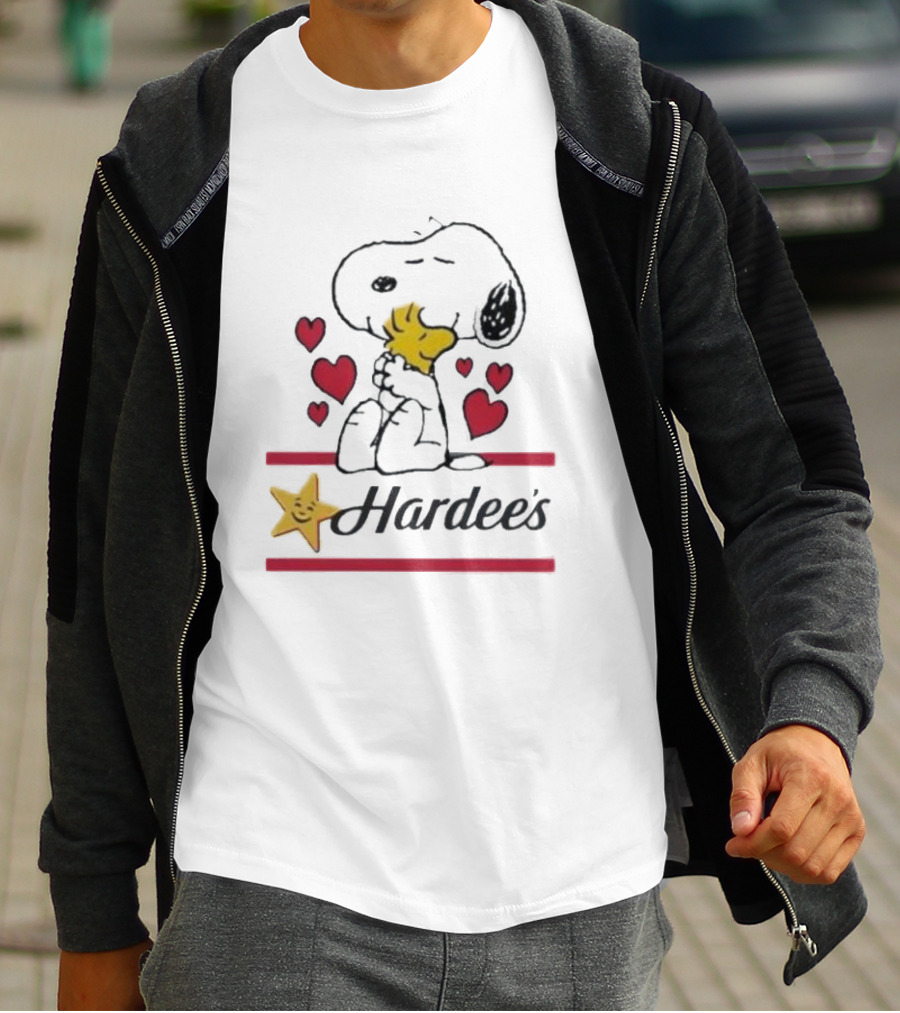 Snoopy And Woodstock Loving Hardee's With Hearts And Star T-Shirt