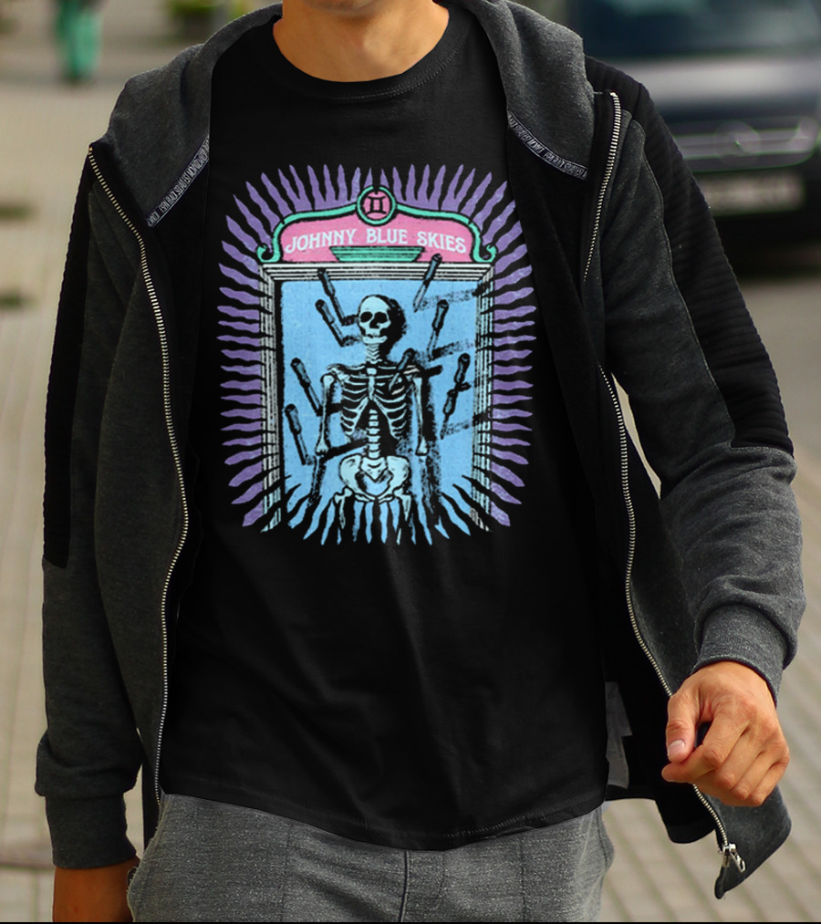 Johnny Blue Skies Skeleton Framed With Knives And Purple Aura T-Shirt