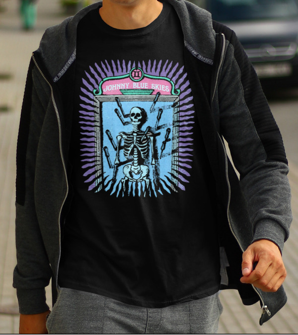 Johnny Blue Skies Skeleton Framed With Knives And Purple Aura T-Shirt