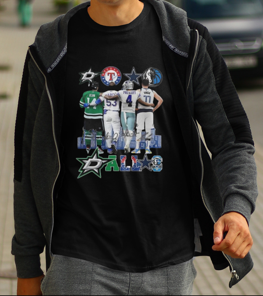 Dallas Mavericks Doncic Stars Benn Texas Rangers Cowboys Prescott Skyline Signatures T-Shirt
