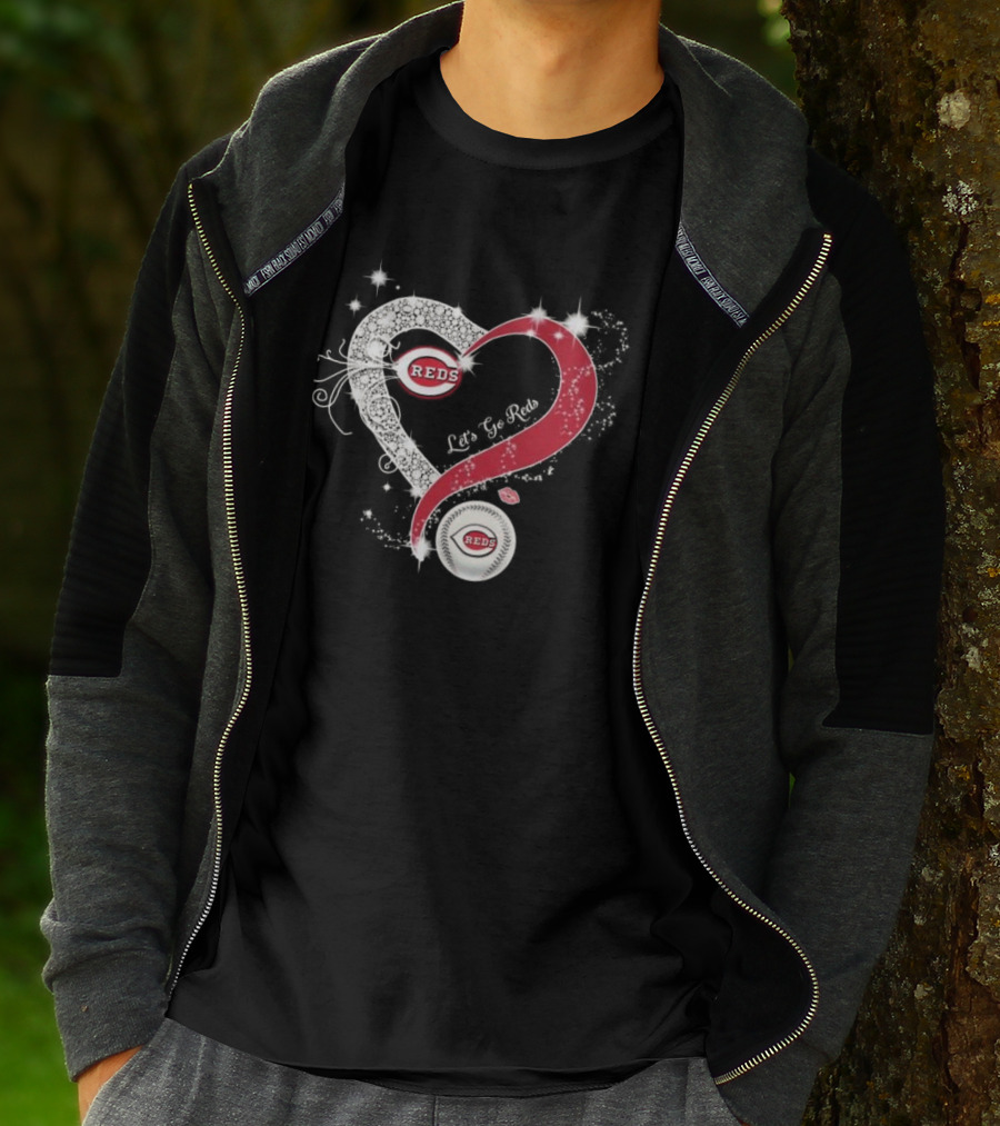Cincinnati Reds Heart Emblem Let's Go Reds Sparkling T-Shirt