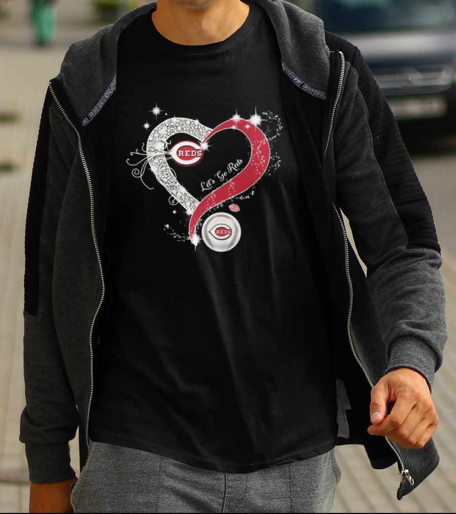 Cincinnati Reds Heart Emblem Let's Go Reds Sparkling T-Shirt