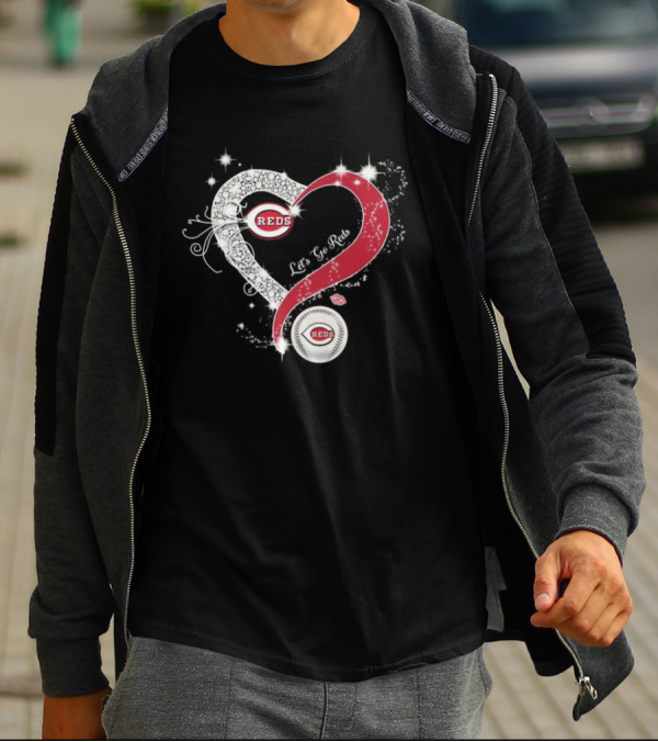 Cincinnati Reds Heart Emblem Let's Go Reds Sparkling T-Shirt