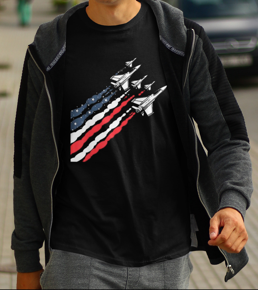 Vintage Patriotic Fighter Jet Airplane With American Flag Trail T-Shirt