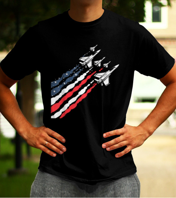 Vintage Patriotic Fighter Jet Airplane With American Flag Trail T-Shirt