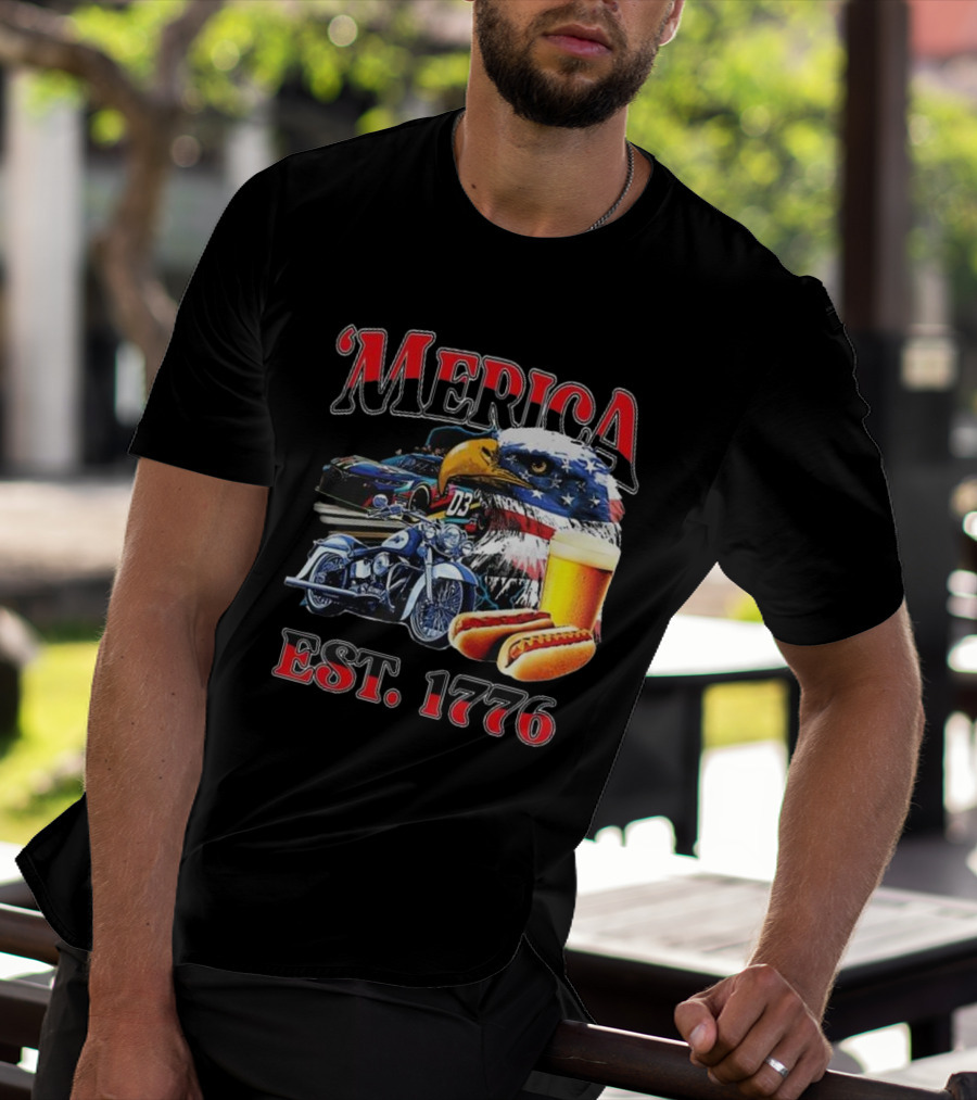 'Merica Bald Eagle Motorbike Beer Hotdogs Cars Est. 1776 T-Shirt