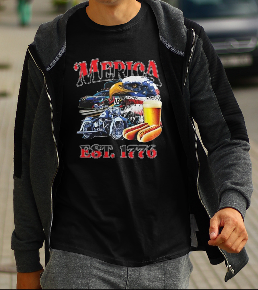 'Merica Bald Eagle Motorbike Beer Hotdogs Cars Est. 1776 T-Shirt