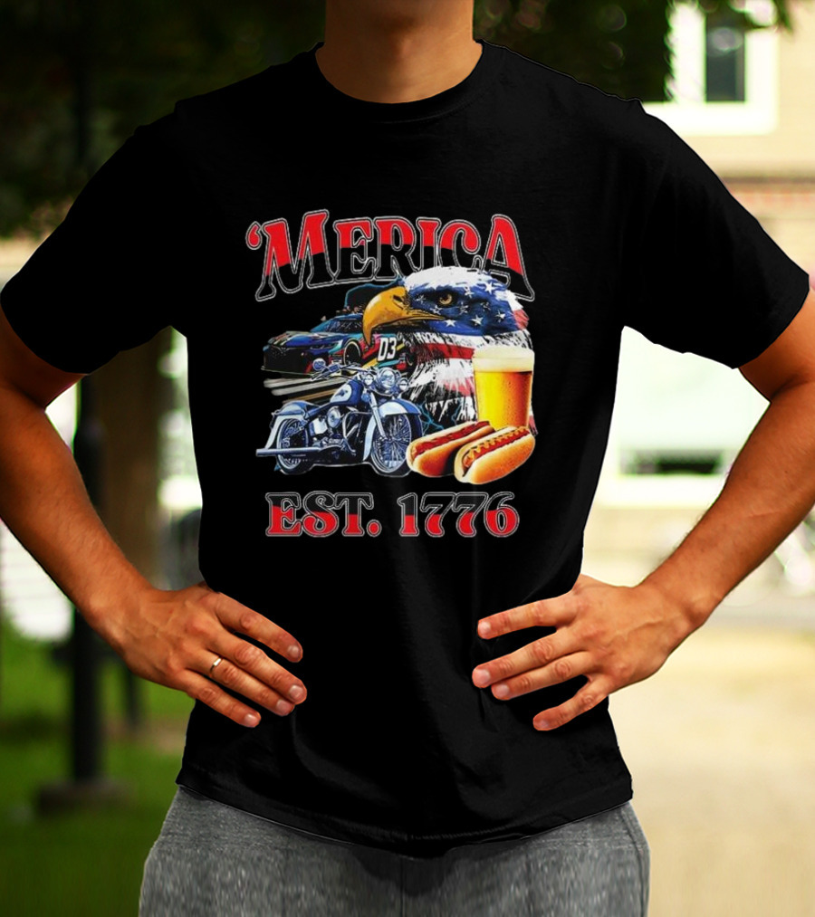 'Merica Bald Eagle Motorbike Beer Hotdogs Cars Est. 1776 T-Shirt
