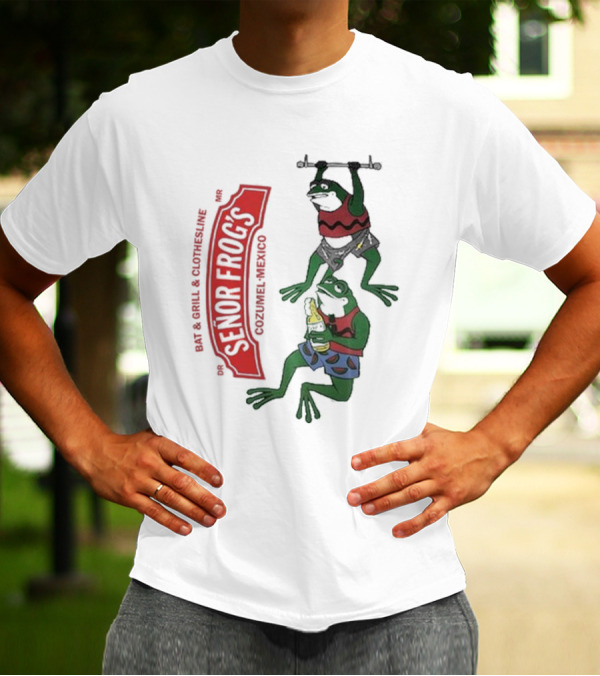 Senor Frog's Cozumel Mexico Bar And Grill Clothesline With Frogs In Striped Shirts And Shorts With Beer And Weights T-Shirt