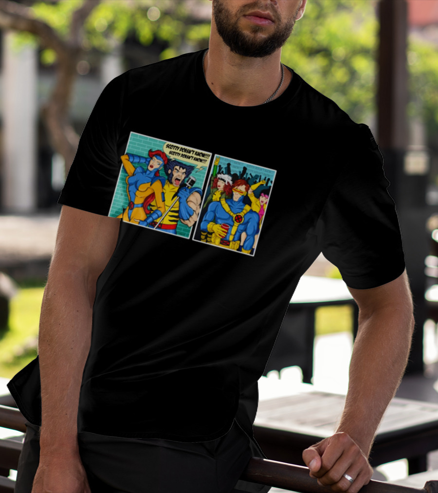 Jean Grey And Wolverine Comic Scotty Doesn’t Know Retro Cyclops Party Scene T-Shirt