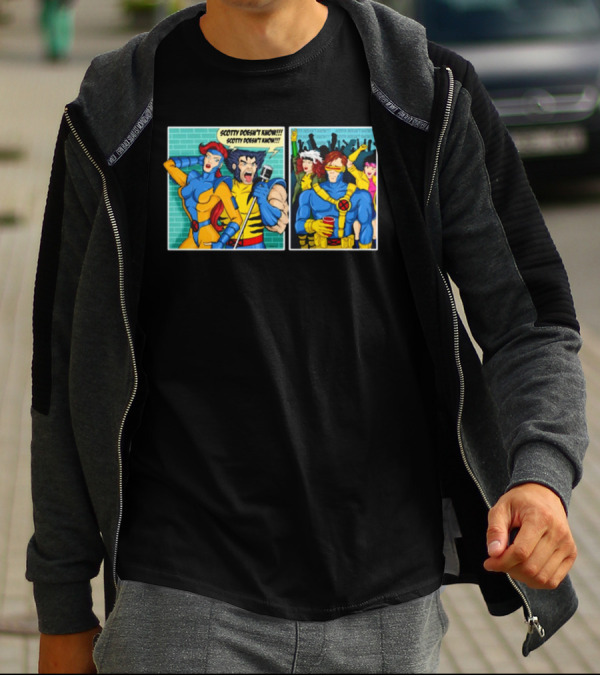 Jean Grey And Wolverine Comic Scotty Doesn’t Know Retro Cyclops Party Scene T-Shirt