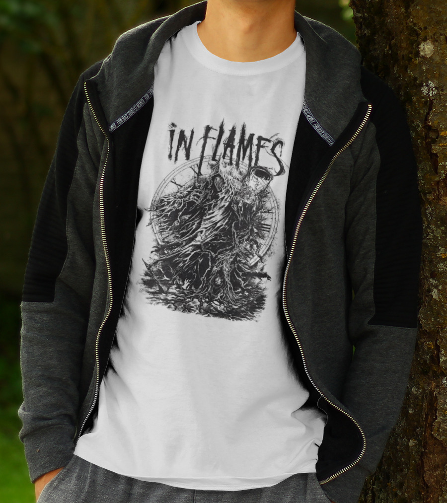 In Flames Cloaked Ghoul Dark Shrouded Figure With Clock Background T-Shirt
