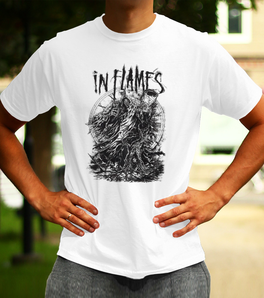 In Flames Cloaked Ghoul Dark Shrouded Figure With Clock Background T-Shirt