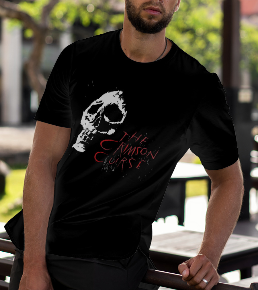 The Crimson Curse Skull White And Red Text With Skull T-Shirt