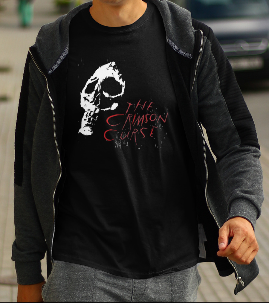 The Crimson Curse Skull White And Red Text With Skull T-Shirt