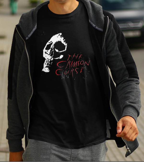 The Crimson Curse Skull White And Red Text With Skull T-Shirt