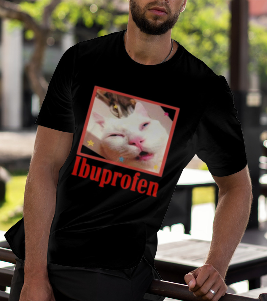 Ibuprofen Meme Cat With Distorted Face And Stars T-Shirt