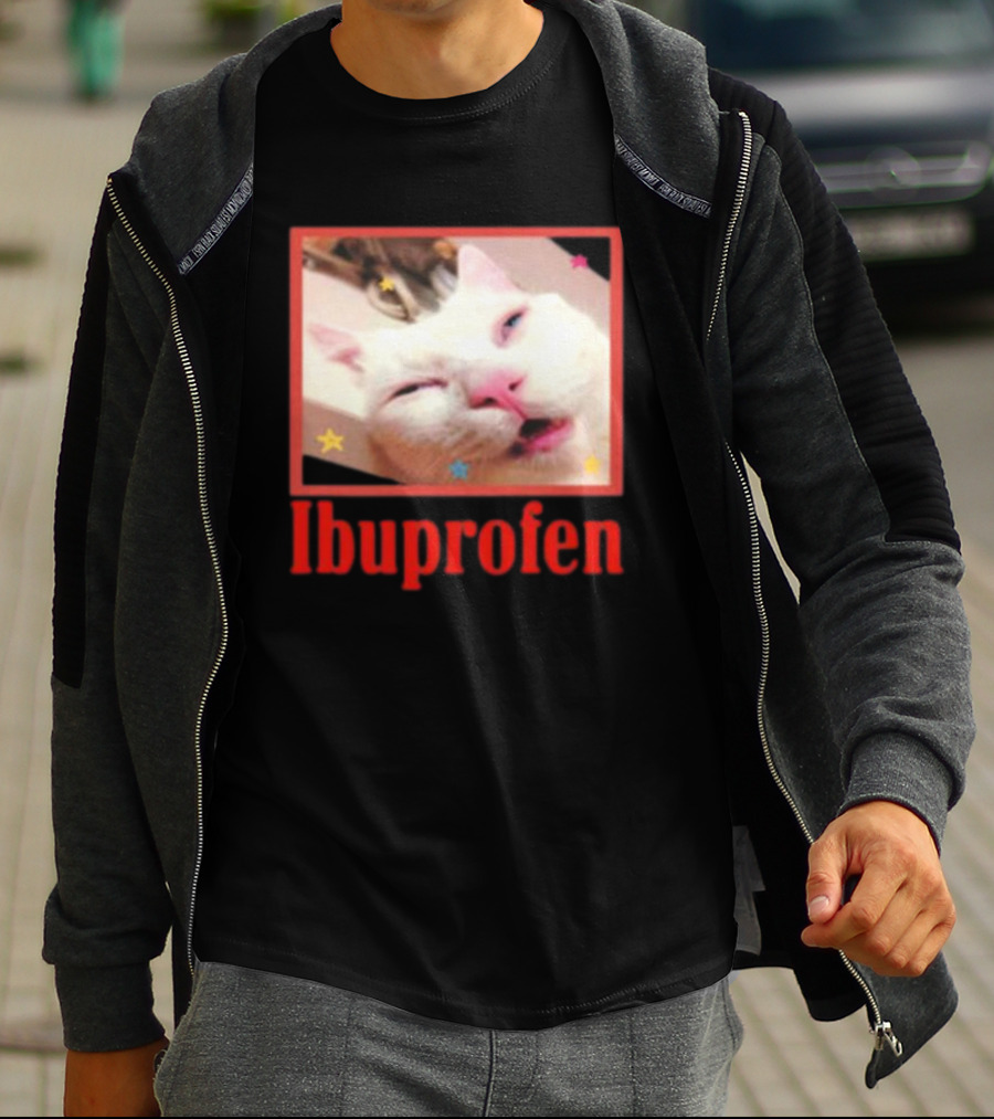 Ibuprofen Meme Cat With Distorted Face And Stars T-Shirt