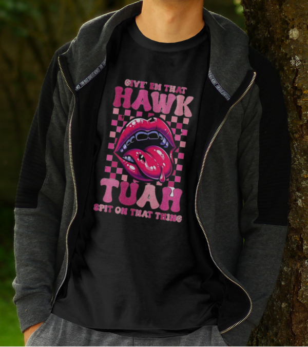 Give Em That Hawk Tuah Spit On That Thing Lip Design Pink Checkered Background T-Shirt