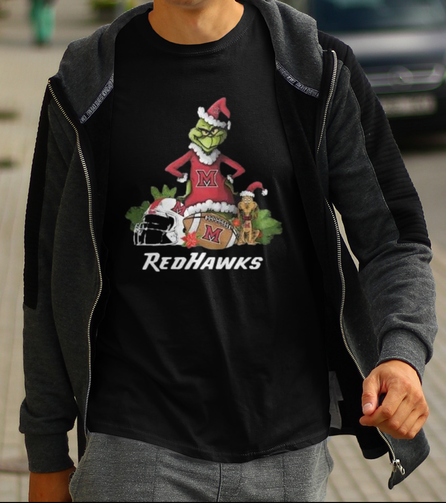 Grinch Santa And Dog With Miami RedHawks Rugby Helmet Merry Christmas T-Shirt